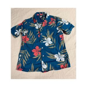 Land’s End Boys Hawaiian Shirt Tropical Floral Button Front Blue Size M 8